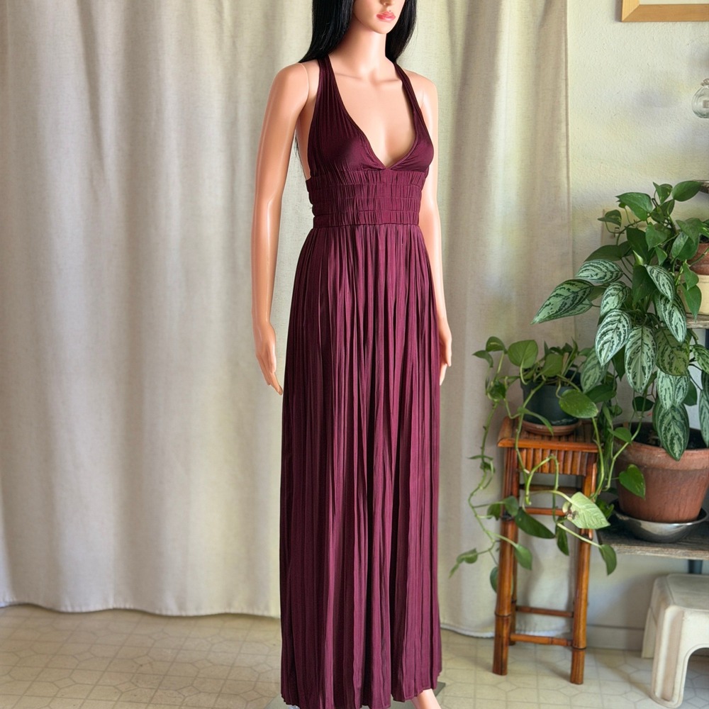 Burgundy Plissé Pleated Deep-V Smocked Waist Grecian Gown Open Back Maxi Dress S